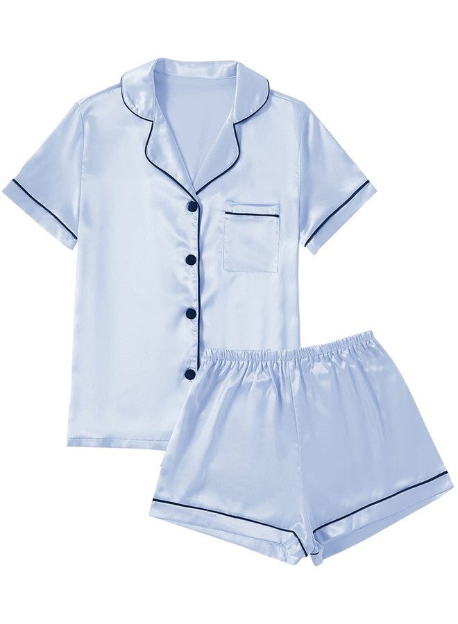 LYANER Women's Satin Pajamas Set Short Sleeve Button Shirt Silky Sleepwear with Shorts Set PJ Baby Blue Small - Image 1
